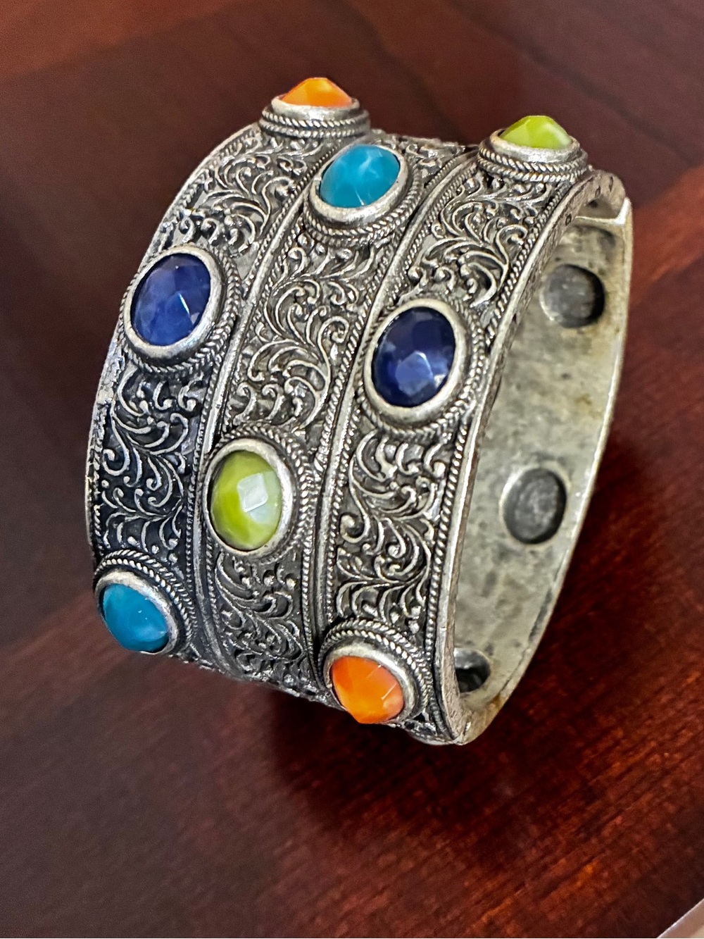 Ornate Silver-Tone Cuff Bracelet with Multicolor Stones